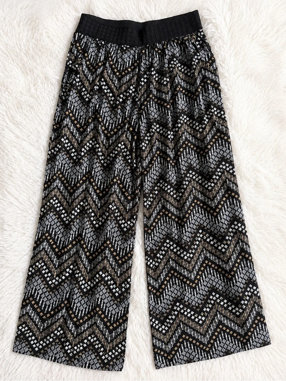 JOE B by Joe Benbasset Boho Wide Leg Palazzo Pants Black Gray Geometric Print